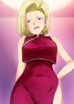 1girl android_18 bare_arms bare_shoulders blonde_hair blue_eyes bob_cut breasts china_dress chinese_clothes covered_navel cowboy_shot dragon_ball dragonball_z dress earrings hand_on_hip highres hoop_earrings indoors kaiga large_breasts legs looking_at_viewer navel open_mouth short_hair sleeveless smile solo standing thighs 
