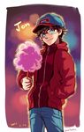  baseball_cap black_hair blue_eyes blurry bokeh character_name closed_mouth cotton_candy cowboy_shot cr72 dc_comics depth_of_field glasses hand_in_pocket hat jacket jonathan_kent looking_at_viewer male_focus outline red_jacket solo 