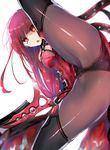  black_legwear black_panties blurry blurry_background commentary crimson_avenger_(elsword) elesis_(elsword) elsword fulaterlo highres leg_up leotard long_hair looking_at_viewer looking_through_legs open_mouth panties pantyhose red_eyes red_hair red_leotard shiny solo split spread_legs standing standing_on_one_leg sword underwear weapon 