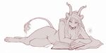  anthro book breasts caraid chimera claws feline female hindpaw horn hybrid lion mammal monochrome navel nude paws pillow reading solo 