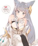  animal_ears bare_shoulders black_legwear elbow_gloves erune gloves granblue_fantasy hair_ornament heart korwa long_hair looking_at_viewer mismatched_legwear momose_sumomo silver_hair sitting solo speech_bubble spoken_heart thighhighs white_legwear 