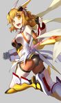  :d armpits ass bare_shoulders bike_shorts blonde_hair blush bodysuit boots breasts chikugen_shiina gloves looking_at_viewer medium_breasts open_mouth scarf senki_zesshou_symphogear short_hair skindentation smile solo tachibana_hibiki_(symphogear) yellow_eyes 