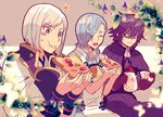  black_hair blue_eyes blush cup deere_(fire_emblem_if) eating fire_emblem fire_emblem_if flower food gloves hair_over_one_eye hisame_(fire_emblem_if) kiriya_(552260) leaf male_focus multiple_boys open_mouth shigure_(fire_emblem_if) sitting teacup teapot upper_body white_hair 