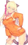  animal_ears bangs blonde_hair blue_eyes blush breasts cat_ears cat_tail closed_mouth commentary_request contrapposto eyebrows_visible_through_hair fiodo hand_on_hip large_breasts long_hair long_sleeves looking_at_viewer off-shoulder_sweater orange_sweater original simple_background smile solo standing sweater tail thighhighs thighs white_background white_legwear 