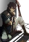  black_hair earrings fingerless_gloves fire_emblem fire_emblem:_kakusei gloves japanese_clothes jewelry katana kero_sweet male_focus ronku sitting solo spiked_hair sword weapon 