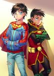  belt black_hair blue_eyes cape cr72 crossed_arms damian_wayne dc_comics denim green_eyes hands_in_pockets jeans jonathan_kent looking_at_another looking_at_viewer male_focus multiple_boys pants pouch ripped_jeans robin short_hair super_sons superboy 