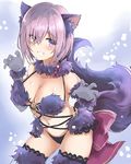  animal_ears bangs black_legwear black_panties blush breasts claw_pose cleavage collarbone commentary_request cowboy_shot dangerous_beast elbow_gloves eyebrows_visible_through_hair fate/grand_order fate_(series) fox_ears fox_tail fur-trimmed_legwear fur_collar fur_trim fuyumino gloves grey_gloves grin hair_over_one_eye hands_up highres lace lace-trimmed_thighhighs large_breasts leaning_forward looking_at_viewer mash_kyrielight navel o-ring o-ring_top panties purple_eyes purple_hair short_hair smile solo tail teeth thighhighs thighs underwear 