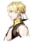  bangs bare_shoulders black_jacket blonde_hair collar earrings eyebrows_visible_through_hair fate/grand_order fate_(series) gilgamesh gilgamesh_(caster)_(fate) jacket jewelry looking_away male_focus necklace open_clothes open_jacket parted_lips profile red_eyes simple_background sleeveless_jacket solo tenobe white_background 
