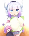  bangs beads blue_eyes blunt_bangs blush capelet child commentary_request dragon_girl eyebrows_visible_through_hair gradient_hair hair_beads hair_ornament hairband haribote_(tarao) horns kanna_kamui kobayashi-san_chi_no_maidragon lavender_hair long_hair looking_at_viewer low_twintails multicolored_hair pillow pillow_hug pov purple_hair revision shirt_grab slit_pupils solo_focus tail thighhighs triangle_mouth twintails white_legwear 