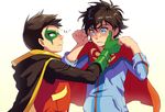  blue_eyes cr72 crying crying_with_eyes_open damian_wayne dc_comics domino_mask green_eyes jonathan_kent male_focus mask multiple_boys robin_(dc) super_sons superboy tears 