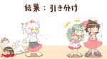  4girls animal_ears black_footwear black_hair blood blood_from_mouth bow breath brown_hair closed_eyes detached_sleeves giving_up_the_ghost green_hair hair_bow hair_tubes hakurei_reimu happy hat horn inubashiri_momiji kimeemaru komano_aun multiple_girls petting ponytail ponzholic sandals shameimaru_aya shirt shoes short_hair shorts simple_background skirt skirt_set smile socks spitting sweatdrop tokin_hat touhou translated untucked_shirt white_background white_hair wolf_ears yellow_eyes yukkuri_shiteitte_ne 