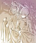  1girl back-to-back blush breasts cave clenched_hand closed_mouth collarbone cr72 height_difference holding holding_hair long_hair lyza made_in_abyss medium_breasts monochrome profile scar sepia short_hair sketch smile sweatdrop topless torka undressing whistle 