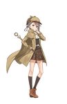  ange_(princess_principal) ascot belt blue_eyes braid brown_footwear brown_hat brown_legwear brown_skirt deerstalker detective full_body hand_on_own_chin hat highres jacket looking_at_viewer makaria official_art princess_principal princess_principal_game_of_mission shoes silver_hair skirt socks solo standing transparent_background walking_stick 