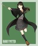  artist_name black_hair black_legwear cds06 commentary_request copyright_name dated full_body genderswap genderswap_(mtf) green_eyes harry_james_potter harry_potter highres hogwarts_school_uniform kneehighs long_hair long_sleeves looking_at_viewer necktie pleated_skirt school_uniform shoes skirt solo sweater wand 