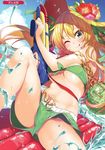  ;q absurdres ass_visible_through_thighs bangs bikini bikini_shorts blonde_hair blue_sky blush breasts closed_mouth cloud cloudy_sky day dutch_angle flower food front-tie_bikini front-tie_top fruit gintarou_(kurousagi108) green_bikini green_eyes green_shorts gun hair_between_eyes hat hat_flower hibiscus highres holding holding_gun holding_weapon inflatable_raft knee_up long_hair looking_at_viewer medium_breasts melon melonbooks navel one_eye_closed original outdoors red_flower scan shorts sitting sky smile solo sparkle spread_legs straw_hat sun_hat swimsuit thighs tongue tongue_out tsurime water water_gun weapon 