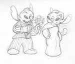  2007 4_fingers alien angel_(lilo_and_stitch) antennae bouquet bow_tie charming chest_markings clothed clothing disney dress duo experiment_(species) eyelashes flower footwear gloves greyscale grin hand_on_hip holding_flower holding_object lilo_and_stitch littletiger488 markings monochrome notched_ear pencil_(artwork) plant sharp_teeth shoes simple_background smile stitch teeth traditional_media_(artwork) tuxedo white_background 