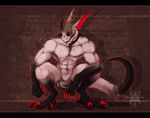  anthro black_skin chicken_legs claws collar crouching eyes_closed fur grem horn invalid_tag male muscular muscular_male mutantparasitex red_claws solo white_skin 
