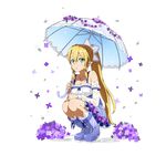  blonde_hair blue_footwear blue_skirt blue_umbrella boots braid breasts cleavage collarbone detached_sleeves flower full_body green_eyes hair_between_eyes hair_ornament high-waist_skirt highres holding holding_umbrella jewelry large_breasts leafa long_hair looking_at_viewer necklace open_mouth ponytail purple_flower rubber_boots shirt skirt sleeveless solo squatting sword_art_online transparent_background twin_braids umbrella very_long_hair wet wet_clothes wet_shirt white_shirt 