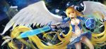  absurdly_long_hair angel_wings astraea blonde_hair blue_skirt blush breasts character_name cleavage eyebrows_visible_through_hair highres holding holding_sword holding_weapon hongse_beiyu large_breasts long_hair looking_at_viewer navel panties parted_lips skirt solo sora_no_otoshimono sword underwear very_long_hair weapon white_panties wings 