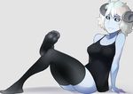  2017 5_toes animal_humanoid blue_sclera blue_skin bottomless breasts caprine clothed clothing feet female grey_background hair horn humanoid legwear lips looking_at_viewer mammal scas sheep sheep_humanoid simple_background socks solo toes white_eyes white_hair 