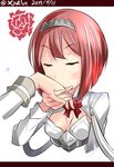  ark_royal_(kantai_collection) bob_cut breasts cleavage_cutout closed_eyes commentary_request dated hairband hand_kiss hebitsukai-san highres kantai_collection kiss long_sleeves out_of_frame red_hair red_ribbon ribbon short_hair small_breasts solo_focus tiara twitter_username upper_body 