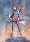  android_21 brown_hair dragon_ball dragon_ball_fighterz earrings fire fujii_eishun glasses green_eyes hands_in_pockets high_heels highres hoop_earrings jewelry labcoat long_hair looking_at_viewer pantyhose solo wavy_hair 