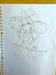  bow braid broom forbidden_scrollery graphite_(medium) hat hat_bow highres kirisame_marisa long_hair looking_at_viewer monochrome paper petticoat photo single_braid sketch smile solo touhou traditional_media trench_coat witch_hat yururi_nano 
