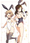  :d animal_ears ass bangs bare_shoulders black_legwear black_leotard blue_eyes bow bowtie breasts brown_hair bunny_ears bunny_girl bunny_tail bunnysuit cleavage closed_mouth detached_collar digital_camera eyebrows_visible_through_hair fake_animal_ears fang girls_und_panzer hairband hand_on_hip hand_up high_heels highres ikomochi katyusha large_breasts leotard long_hair looking_at_viewer looking_back multicolored multicolored_eyes multiple_girls nonna open_mouth parted_bangs short_hair shoulder_blades sideboob simple_background small_breasts smile sparkle standing standing_on_one_leg tail thighhighs white_leotard wrist_cuffs 