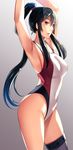  armpits arms_up black_hair breasts competition_swimsuit cowboy_shot gradient gradient_background grey_background hair_tie highleg highleg_swimsuit kantai_collection large_breasts long_hair looking_at_viewer nosa one-piece_swimsuit ponytail red_eyes sidelocks single_thighhigh solo swimsuit thighhighs white_swimsuit yahagi_(kantai_collection) 