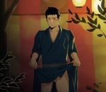  1boy black_hair blush bottomless festival itto_(mentaiko) looking_at_viewer male_focus original outdoors penis presenting robe scar solo sweat tagme testicles undressing 