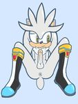  anthro anus ball clothing crossgender erection fur hedgehog male mammal nude penis silver_the_hedgehog simple_background solo sonic_(series) thanu video_games white_fur yellow_eyes 