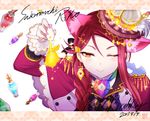  ;) animal_ears braid cat_ears character_name commentary_request crown dated earrings epaulettes hair_ornament hair_over_shoulder happy_birthday hat jewelry lace-trimmed_sleeves long_hair love_live! love_live!_sunshine!! nail_polish one_eye_closed pink_nails potion red_hair sakurauchi_riko single_braid smile solo sumeragi_hamao upper_body vial yellow_eyes 