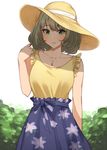  bare_shoulders blue_eyes green_eyes hat heterochromia highres idolmaster idolmaster_cinderella_girls idolmaster_cinderella_girls_starlight_stage jewelry looking_at_viewer mole mole_under_eye necklace parted_lips senju_(snz0) short_hair solo straw_hat takagaki_kaede 