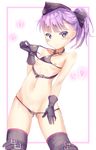  ass_visible_through_thighs bangs belt belt_buckle bikini bikini_pull black_bikini black_gloves blush border buckle contrapposto cowboy_shot eyebrows_visible_through_hair fate/grand_order fate_(series) flat_chest garrison_cap gloves groin hat heart helena_blavatsky_(fate/grand_order) helena_blavatsky_(swimsuit_archer)_(fate) highres looking_at_viewer micro_bikini na!?_(naxtuyasai) navel nipples partially_visible_vulva ponytail pulled_by_self purple_eyes purple_hair short_hair smile solo standing swimsuit symbol thighhighs throat_microphone white_background 