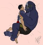  ape cuddling cute facial_hair fan_character fur gorilla hair headgear human love male male/male mammal overwatch primate size_difference video_games winston_(overwatch) 