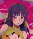  animal_ears bangs bare_shoulders breasts buttons cleavage_cutout close-up cropped face gen_7_pokemon godsh0t heart heart-shaped_pupils highres large_breasts long_hair looking_at_viewer lying mimikyu on_side parted_lips personification pink_background pokemon purple_eyes purple_hair shirt solo sweat symbol-shaped_pupils yellow_shirt 