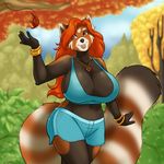  2017 4_fingers amber_eyes anthro autumn big_breasts bracelet breasts clothed clothing eyebrows eyelashes female hair hi_res huge_breasts jewelry mammal markings navel necklace red_hair red_panda shirt shorts skimpy smile solo stretched tank_top teeth vkyrie voluptuous 