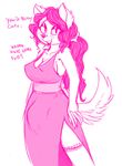  anthro blush breasts bulge canine cleavage clothed clothing dialogue dickgirl dog dress english_text hair intersex leg_garter looking_at_viewer mammal mcsweezy monochrome nipple_bulge pink_and_white smile talking_to_viewer text 