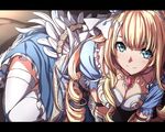  blonde_hair blue_dress blue_eyes breasts character_request cleavage crown dress kanpani_girls large_breasts looking_at_viewer mini_crown sblack smile solo thighhighs white_legwear 