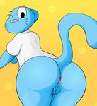  2016 anthro anus blue_fur bottomless butt bzeh cartoon_network cat clothed clothing fangs feline female fur hi_res looking_at_viewer mammal nicole_watterson one_eye_closed presenting presenting_hindquarters pussy shirt solo the_amazing_world_of_gumball 