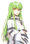 bangs breast_hold breasts c.c. code_geass collarbone creayus crossed_arms eyebrows_visible_through_hair green_hair high_collar long_hair long_sleeves looking_at_viewer medium_breasts parted_lips robe shiny shiny_hair sidelocks simple_background sketch smile straight_hair upper_body very_long_hair white_background wide_sleeves yellow_eyes 