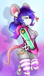  &lt;3 2017 abstract_background anthro bikini bikini_top blue_eyes bottomless breasts chest_tuft cleavage clothed clothing crotch_tuft duckdraw ear_piercing female fur grey_fur hair hoodie inner_ear_fluff legwear mammal mouse piercing pink_nose purple_hair rodent side_view smile socks solo stirrup_socks striped_legwear striped_socks stripes swimsuit tattoo tuft 