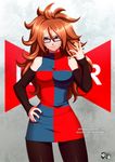  android_21 arm_warmers black-framed_eyewear blue_eyes dragon_ball dragon_ball_fighterz dress glasses grin hand_on_hip jadenkaiba jewelry looking_at_viewer multicolored multicolored_clothes multicolored_dress nail_polish pantyhose red_hair red_ribbon_army ring smile solo 