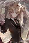  bangs beckoning black_neckwear blonde_hair blood coattails commentary_request cuts fate/apocrypha fate_(series) formal gloves grin hand_up heroic_spirit_formal_dress injury kawacy long_hair looking_at_viewer mordred_(fate) mordred_(fate)_(all) necktie outdoors parted_bangs parted_lips ponytail sidelocks smile smoke solo suit tomboy tsurime tuxedo upper_body white_gloves 