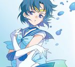  agahari bishoujo_senshi_sailor_moon blue_choker blue_eyes blue_hair blue_sailor_collar bow bubble choker elbow_gloves gloves highres magical_girl mizuno_ami sailor_collar sailor_mercury sailor_senshi_uniform short_hair solo tiara white_gloves 