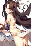  arched_back ass back bandeau bangs bare_shoulders black_bow blue_gloves blush bow brown_eyes brown_hair closed_mouth cowboy_shot earrings elbow_gloves fate/grand_order fate_(series) floating_hair from_behind gloves hair_bow highres hoop_earrings ishtar_(fate/grand_order) jewelry kouyafu long_hair looking_at_viewer shoulder_blades side_slit simple_background single_elbow_glove skirt smile solo thighs two_side_up very_long_hair white_background white_skirt 