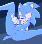  2017 anthro balls big_head clothing erection fur gloves green_eyes half-closed_eyes hedgehog male mammal penis presenting simple_background smile solo sonic_(series) sonic_the_hedgehog thanu video_games 