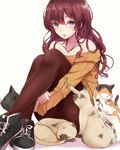  :3 bad_id bad_pixiv_id bare_shoulders black_legwear blue_eyes brown_hair cat cat_teaser earrings eyebrows_visible_through_hair highres ichinose_shiki idolmaster idolmaster_cinderella_girls jewelry long_hair looking_at_viewer off-shoulder_sweater pantyhose ryuu. sitting solo sweater too_many too_many_cats wavy_hair 