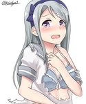  absurdres asymmetrical_bangs bangs blush bra covering covering_breasts grey_bra hairband highres kantai_collection kiritto long_hair looking_at_viewer open_mouth purple_eyes purple_hairband sagiri_(kantai_collection) sailor_collar school_uniform serafuku short_sleeves silver_hair simple_background solo swept_bangs torn_clothes twitter_username underwear upper_body white_background 