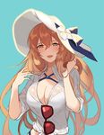  bad_id bad_pixiv_id blush breasts brown_hair cleavage girls_frontline green_eyes hair_between_eyes hat large_breasts laurelfalcon long_hair looking_at_viewer m1903_springfield_(girls_frontline) open_mouth smile solo swimsuit 